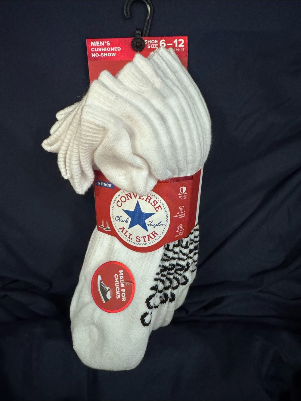 Converse Men's No-Show Athletic Socks in White with Black Logo Accents (6 Pack)